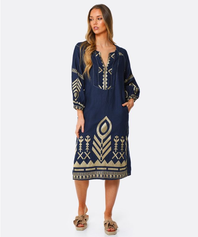 Greek Archaic Kori Embroidered Linen Long Sleeve Midi Dress
