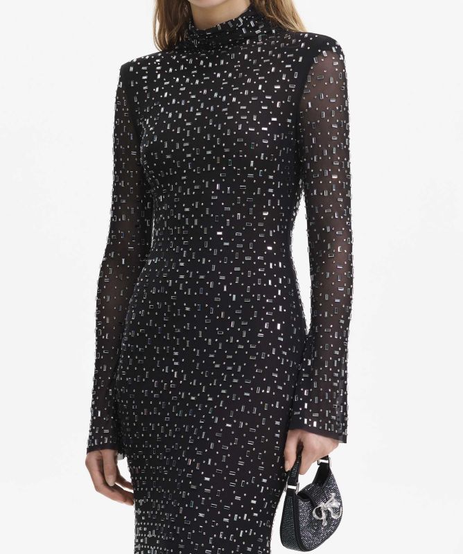 Self-Portrait Black Square Rhinestone Mesh Midi Dress | Jules B