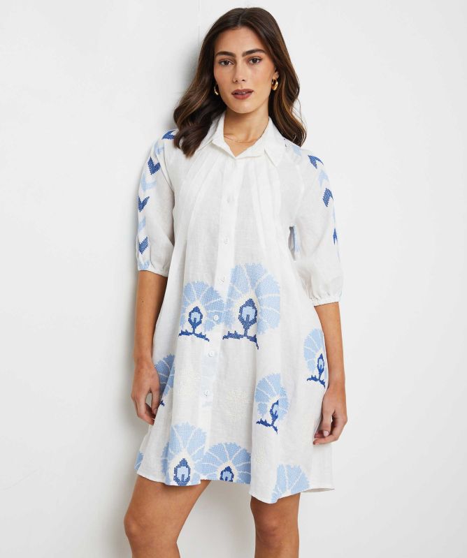 Greek Archaic Kori Puff Sleeve Shirt Dress
