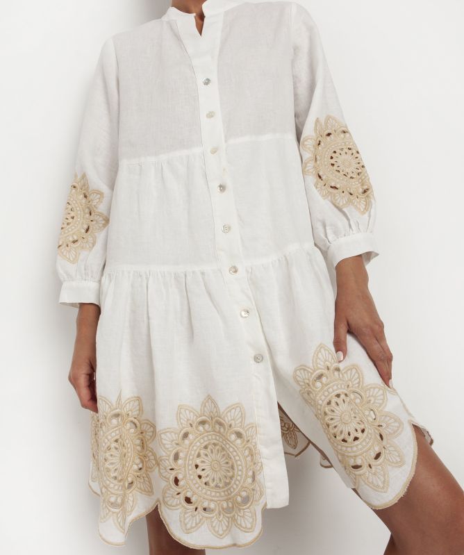 Greek Archaic Kori Linen Embroidered Daisy Mini Dress
