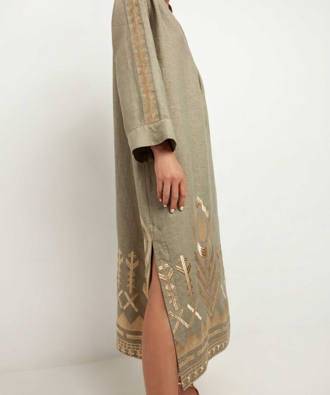 Greek Archaic Kori Linen Feather Midi Dress