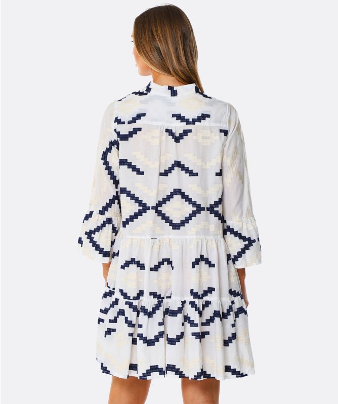 Greek Archaic Kori Rhombus Embroidered Linen Swing Dress