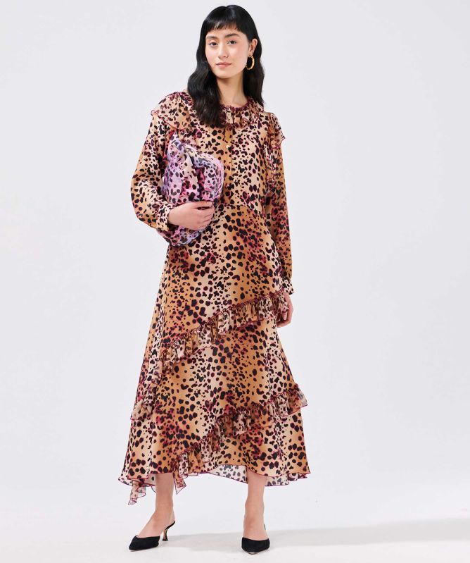 Hayley Menzies Cheetah Frill Silk Shirt Dress