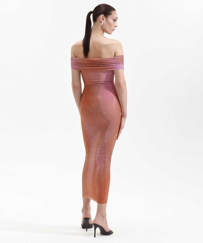 Self-Portrait Printed Mesh Rhinestone Midi Dress