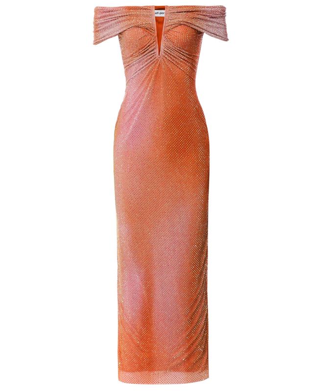 Self-Portrait Printed Mesh Rhinestone Midi Dress