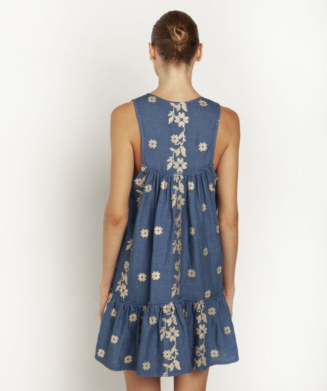 Greek Archaic Kori Linen Daisy Embroidered Mini Dress