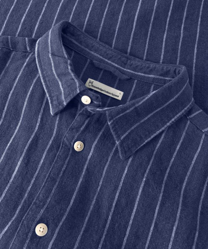 Knowledge Cotton Linen Striped Short Sleeve Shirt