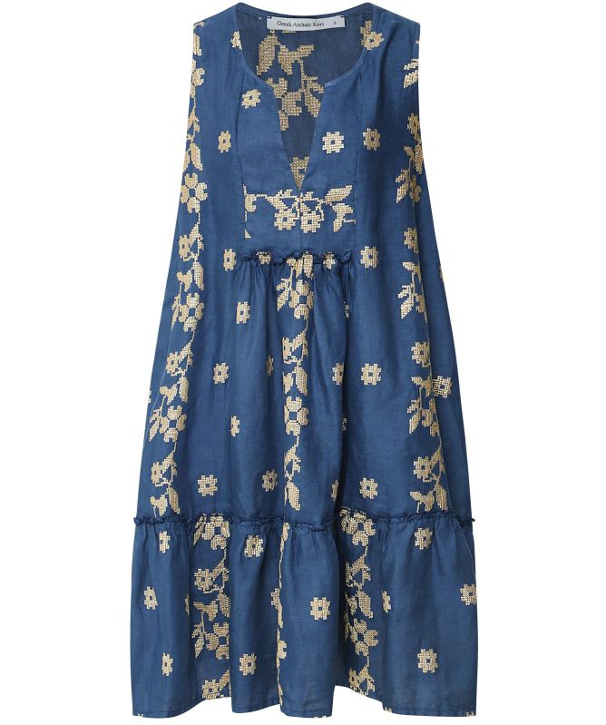 Greek Archaic Kori Linen Daisy Embroidered Mini Dress