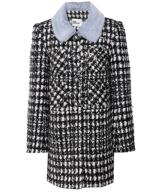 Self-Portrait Check Boucle Faux Fur Collar Jacket