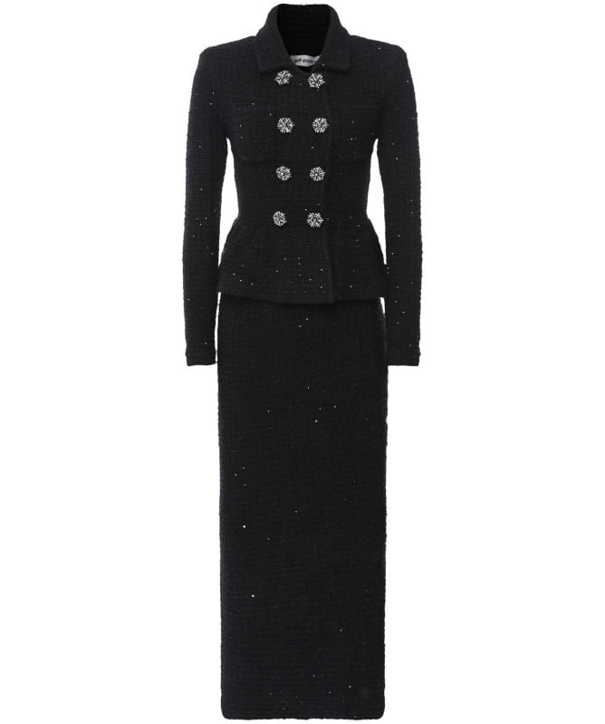 【SELF PORTRAIT】Knit Peplum Midi Dress Black Textured Knit Peplum Midi Dress – self-portrait-US