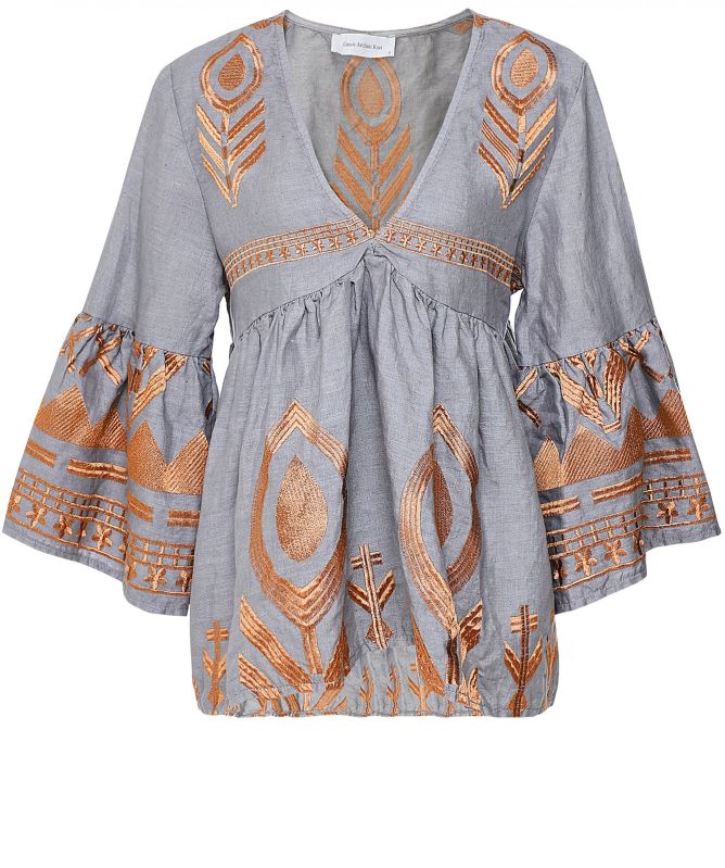 Greek Archaic Kori Linen Embroidered V-Neck Blouse