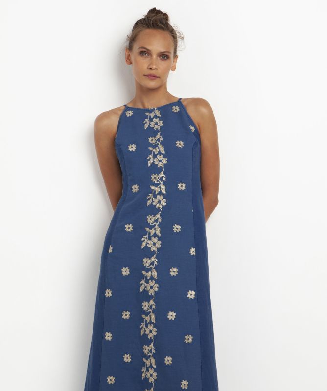 Greek Archaic Kori Linen Daisy Embroidered Midi Dress
