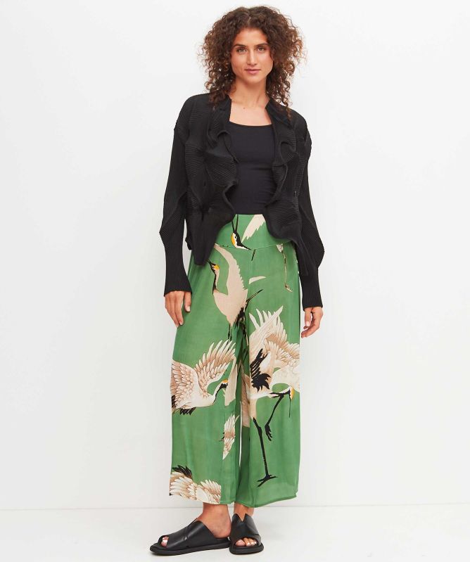One Hundred Stars Stork Pea Green Crepe Palazzo Trousers
