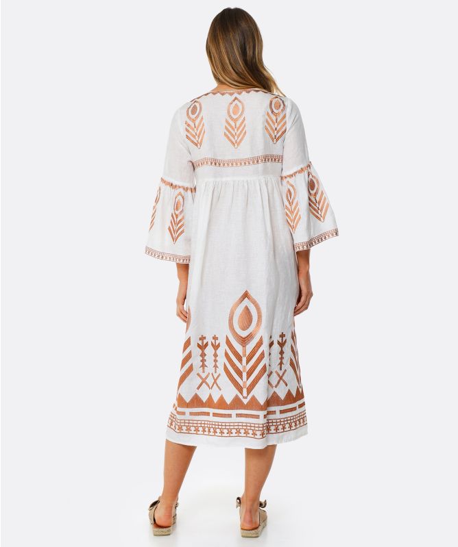 Greek Archaic Kori Embroidered Linen V-Neck Midi Dress