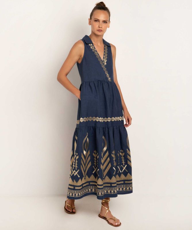 Greek Archaic Kori Feather Sleeveless Midi Dress