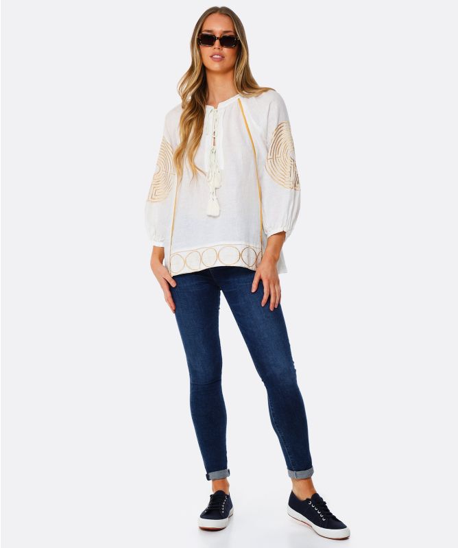 Greek Archaic Kori Labyrinth Embroidered Linen Tunic Top