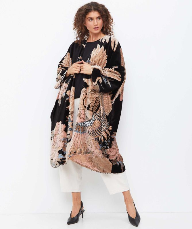 One Hundred Stars Crane Black Velvet Grande Kimono