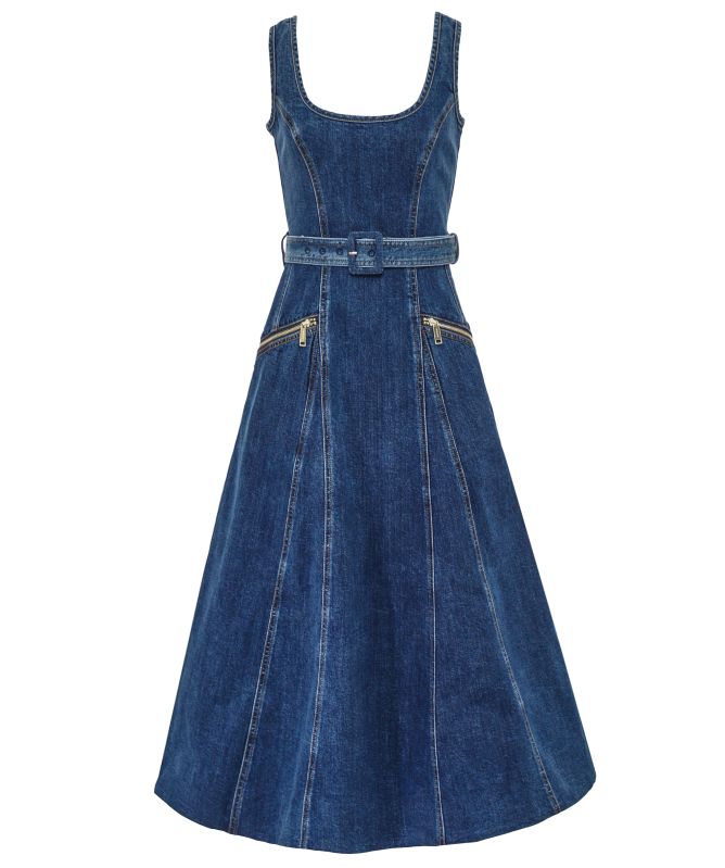 Self-Portrait Denim Flared Belted Midi Dress