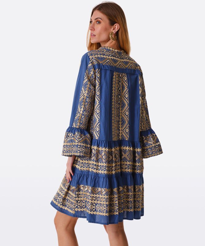 Greek Archaic Kori Linen Embroidered Mini Dress