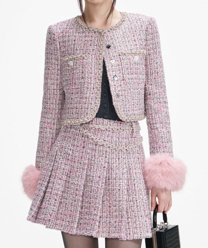 Self-Portrait Bouclé Faux Fur Cuff Jacket