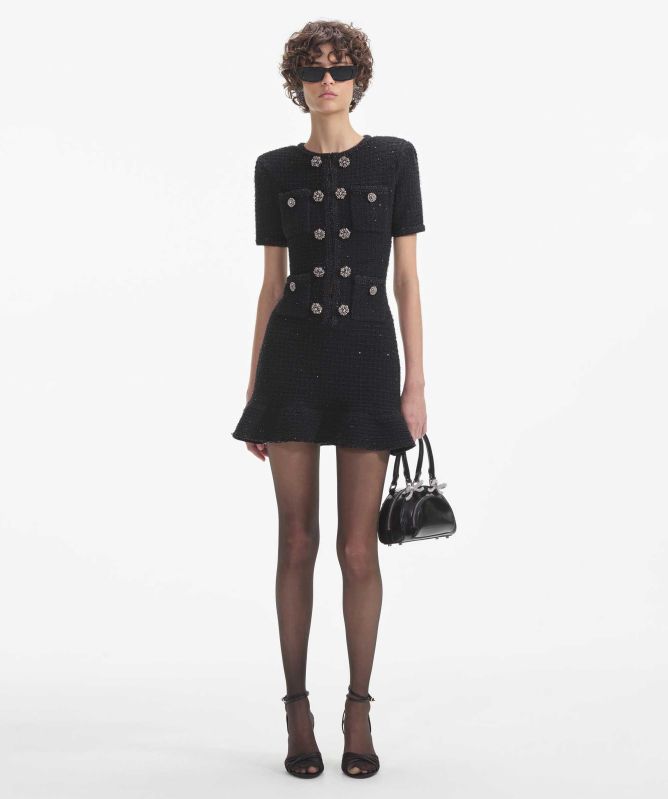 Self-Portrait Black Knit Buttoned Mini Dress