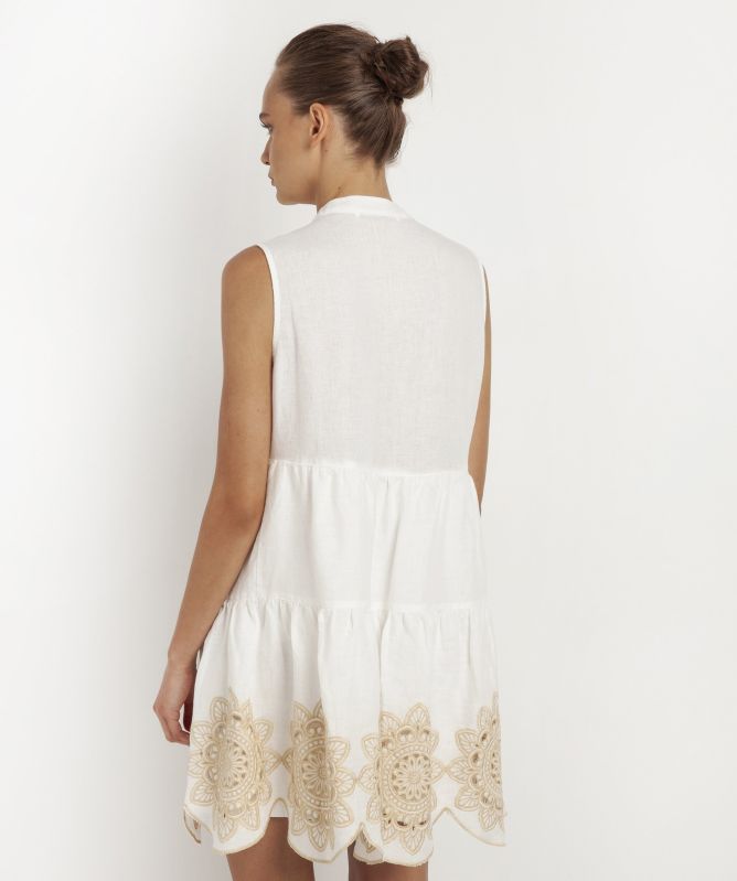 Greek Archaic Kori Linen Embroidered Daisy Sleeveless Dress