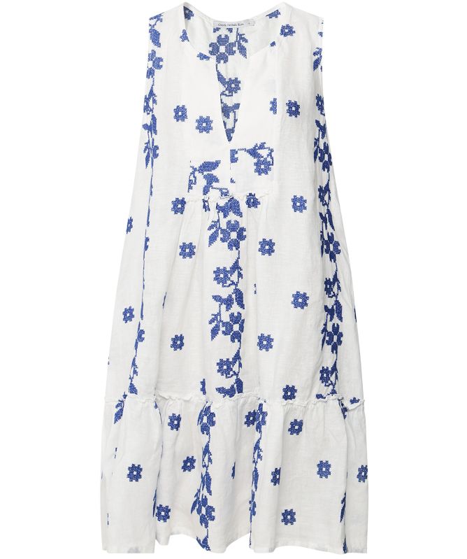 Greek Archaic Kori Linen Daisy Embroidered Mini Dress