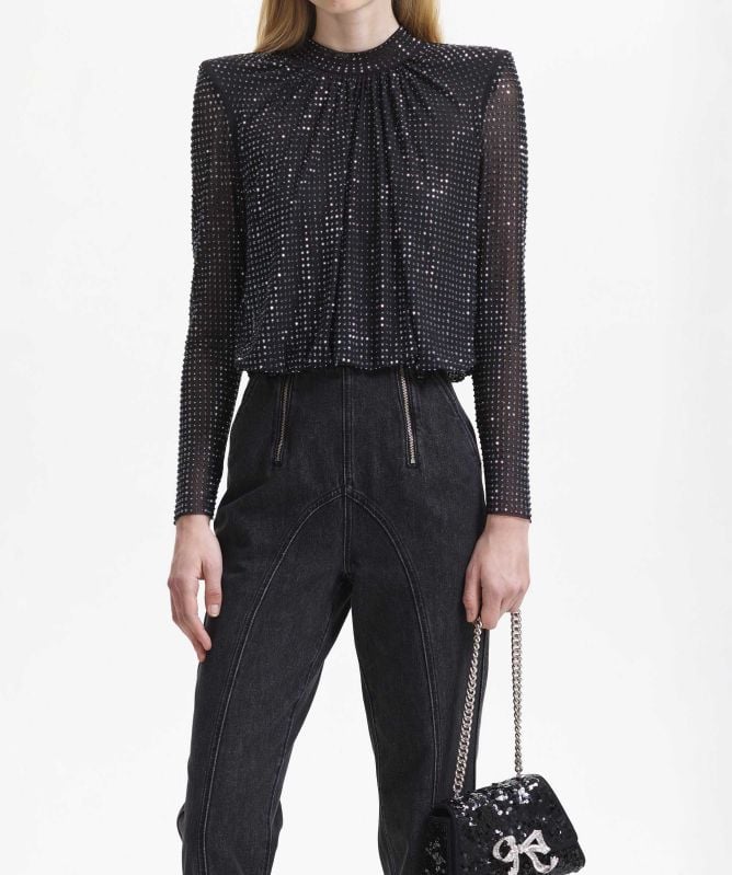 Tシャツ・カットソー SELF PORTRAIT TOP WITH RHINESTONE Black Rhinestone Mesh Top – self-portrait-US
