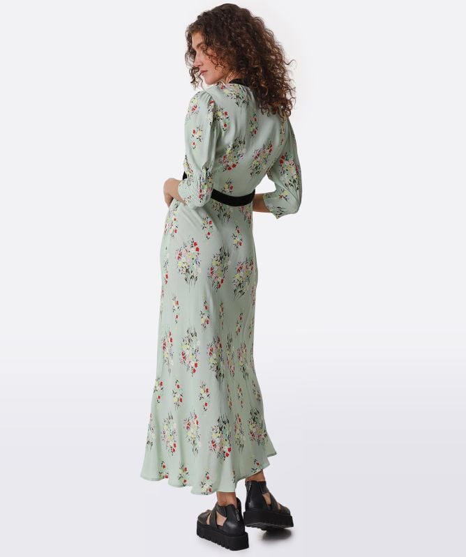 RIXO Petra Floral Velvet Trim Midi Dress