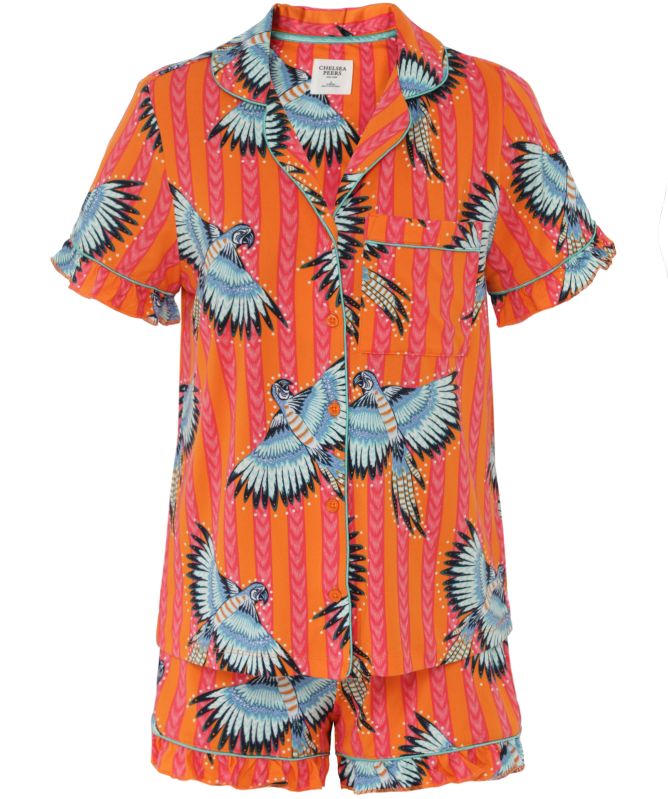 Chelsea Peers Parrot Stripe Print Frill Short Pajama Set