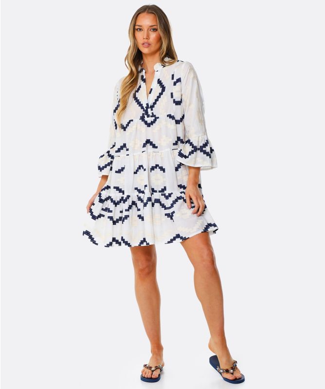 Greek Archaic Kori Rhombus Embroidered Linen Swing Dress