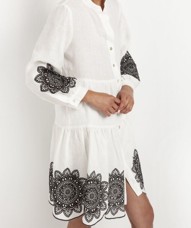 Greek Archaic Kori Linen Embroidered Daisy Mini Dress