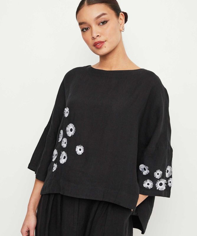 Bize Linen Floral Embroidered Blouse