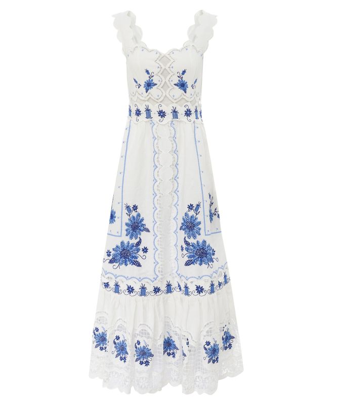 FARM Rio Cross Stitch Richelieu Sunflower Midi Dress