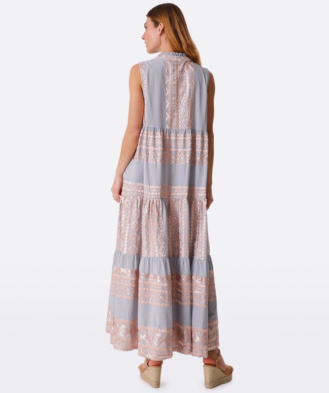 Greek Archaic Kori Linen Embroidered Midi Dress