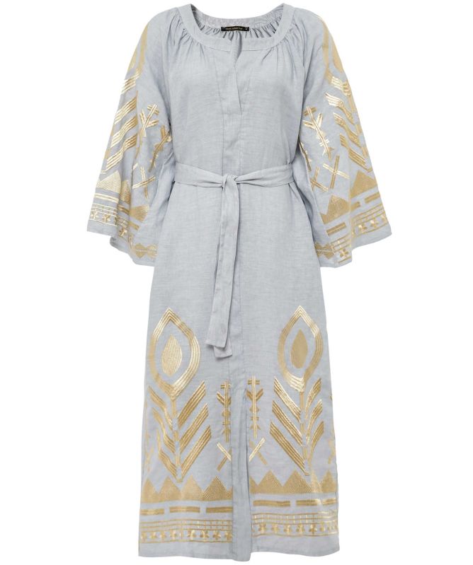 Greek Archaic Kori Linen Belted Feather Dress