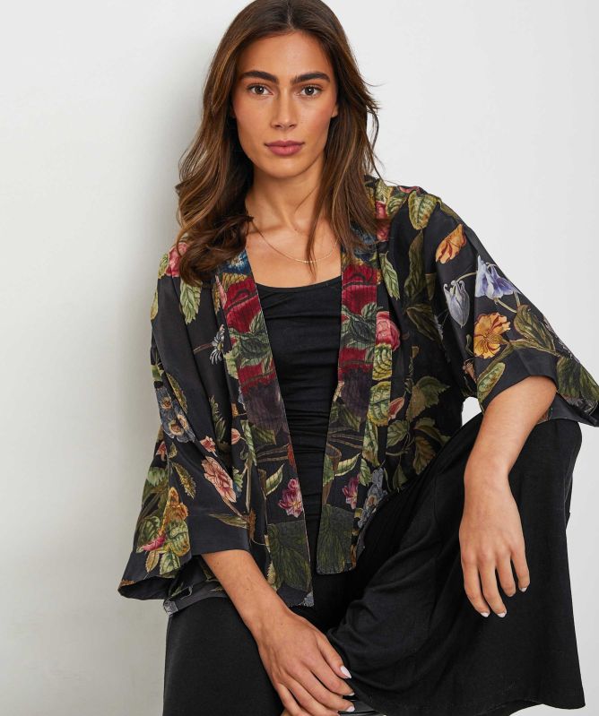One Hundred Stars Primula Black Crepe Kimono