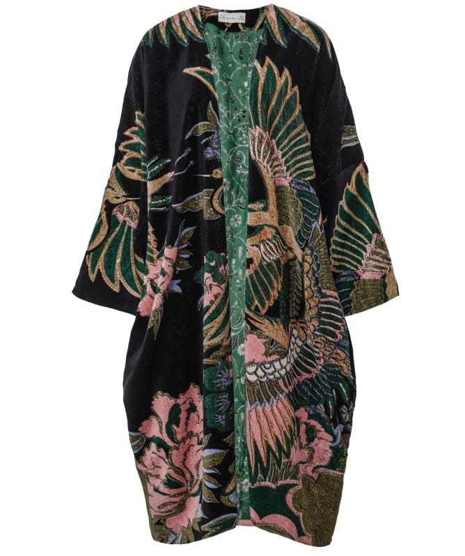 One Hundred Stars Crane Emerald Velvet Grande Kimono
