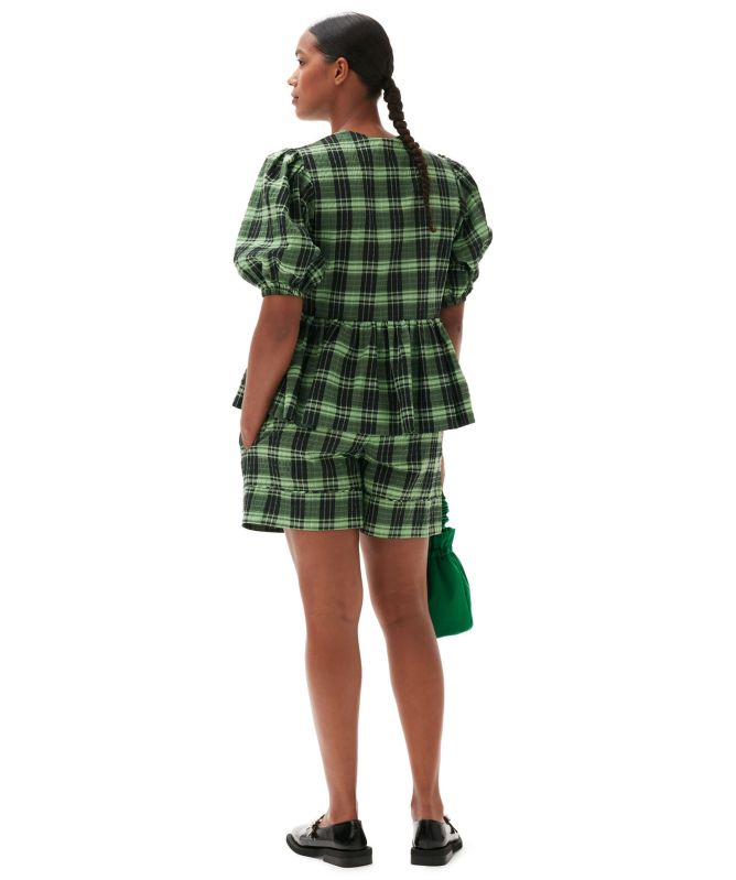 GANNI Seersucker Check Wrap Blouse