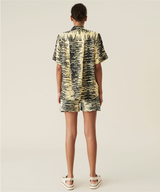 Ganni Yellow Crinkled Satin Relaxed Short Sleeve Shirt | Jules B