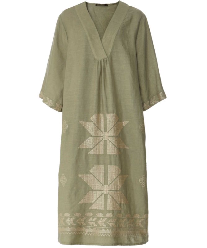 Greek Archaic Kori V-Neck Embroidered Dress