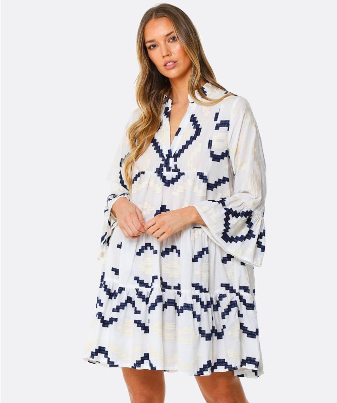 Greek Archaic Kori Rhombus Embroidered Linen Swing Dress