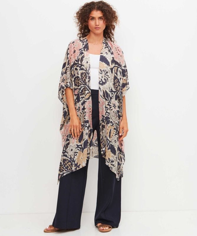 One Hundred Stars Block Taupe Throwover Kimono