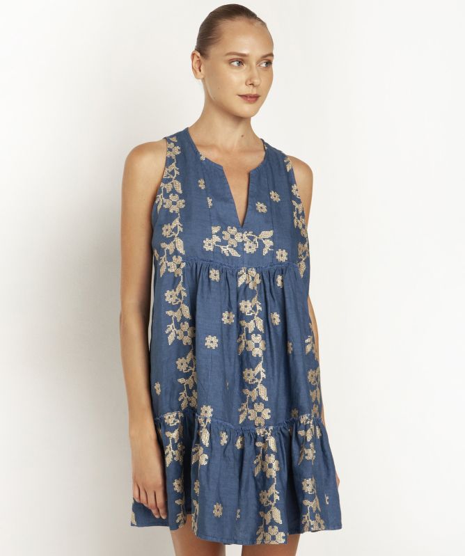 Greek Archaic Kori Linen Daisy Embroidered Mini Dress