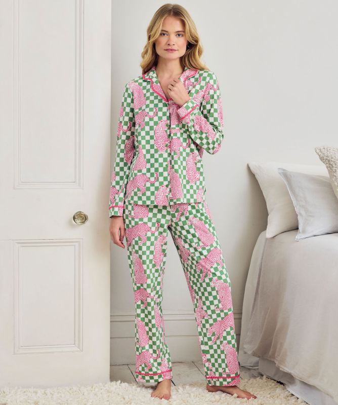 Chelsea Peers Checkerboard Leopards Print Long Pajamas