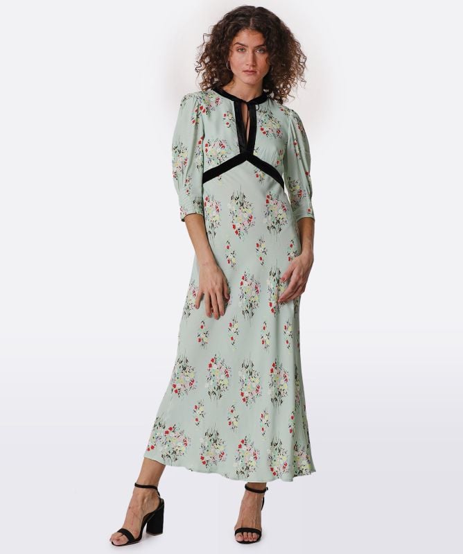 RIXO Petra Floral Velvet Trim Midi Dress