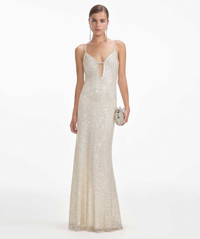 Self-Portrait Cream Square Rhinestone Fishnet Maxi Dress