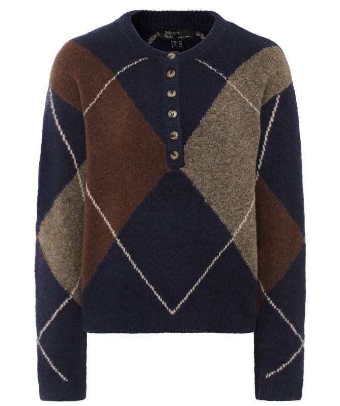 Nobody's Child Argyle Ribbed Trim Henley Sweater