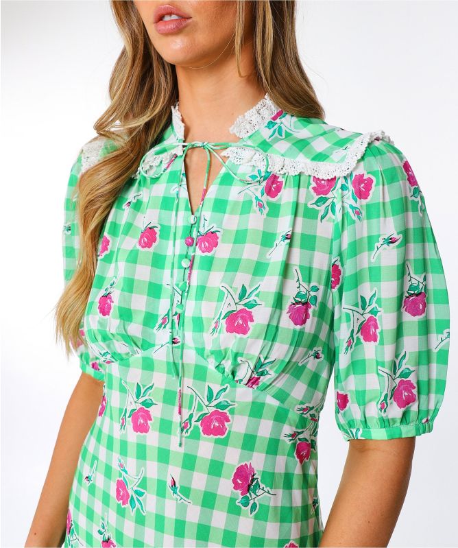 RIXO Gwen Gingham Rose Midi Dress