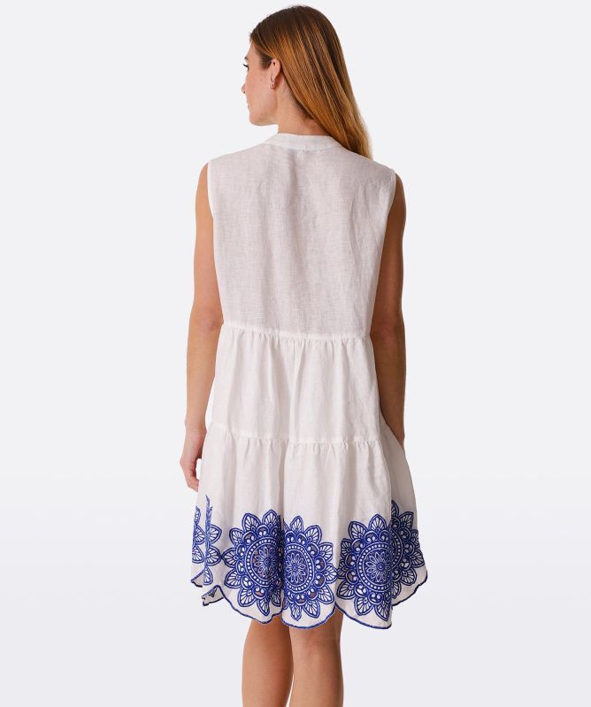 Greek Archaic Kori Linen Embroidered Daisy Sleeveless Dress